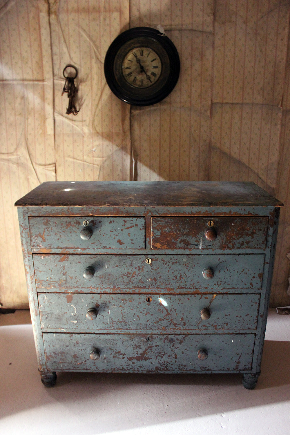 A Decorative Teal Painted Pine Chest of Drawers c.1900-15