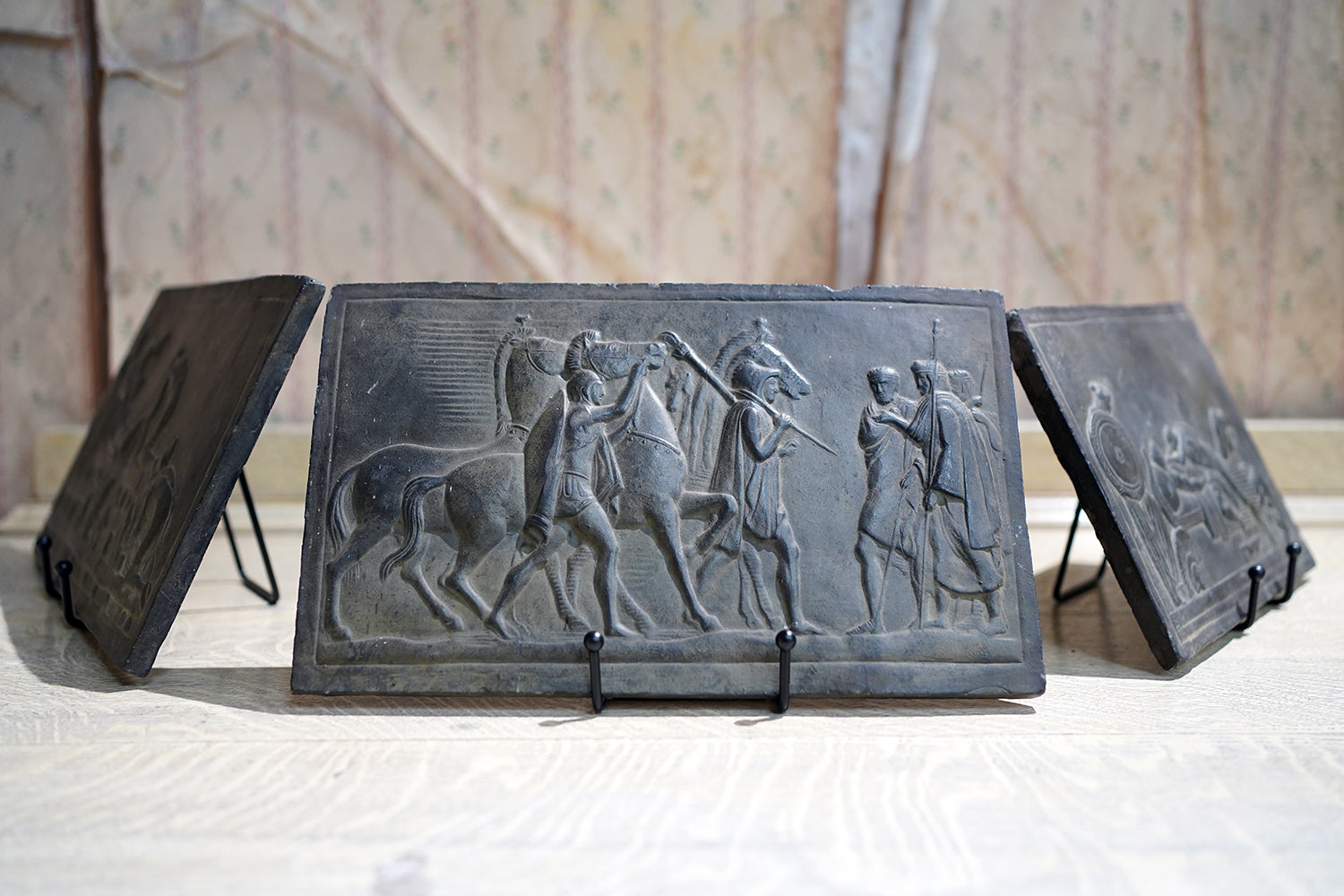 A Decorative Trio of Early 20thC Graduating Slate Plaques Depicting Classical Greek Scenes