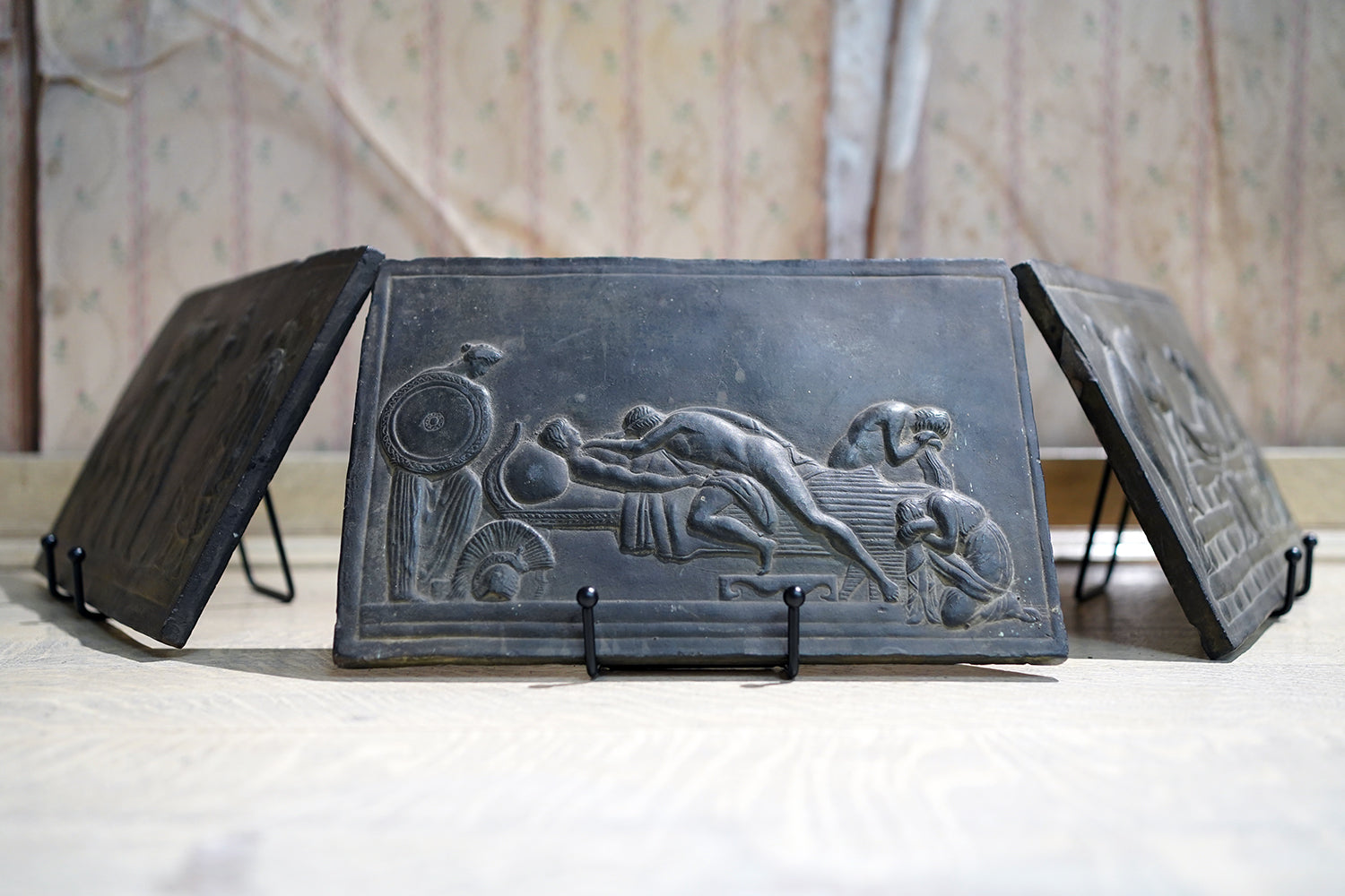 A Decorative Trio of Early 20thC Graduating Slate Plaques Depicting Classical Greek Scenes