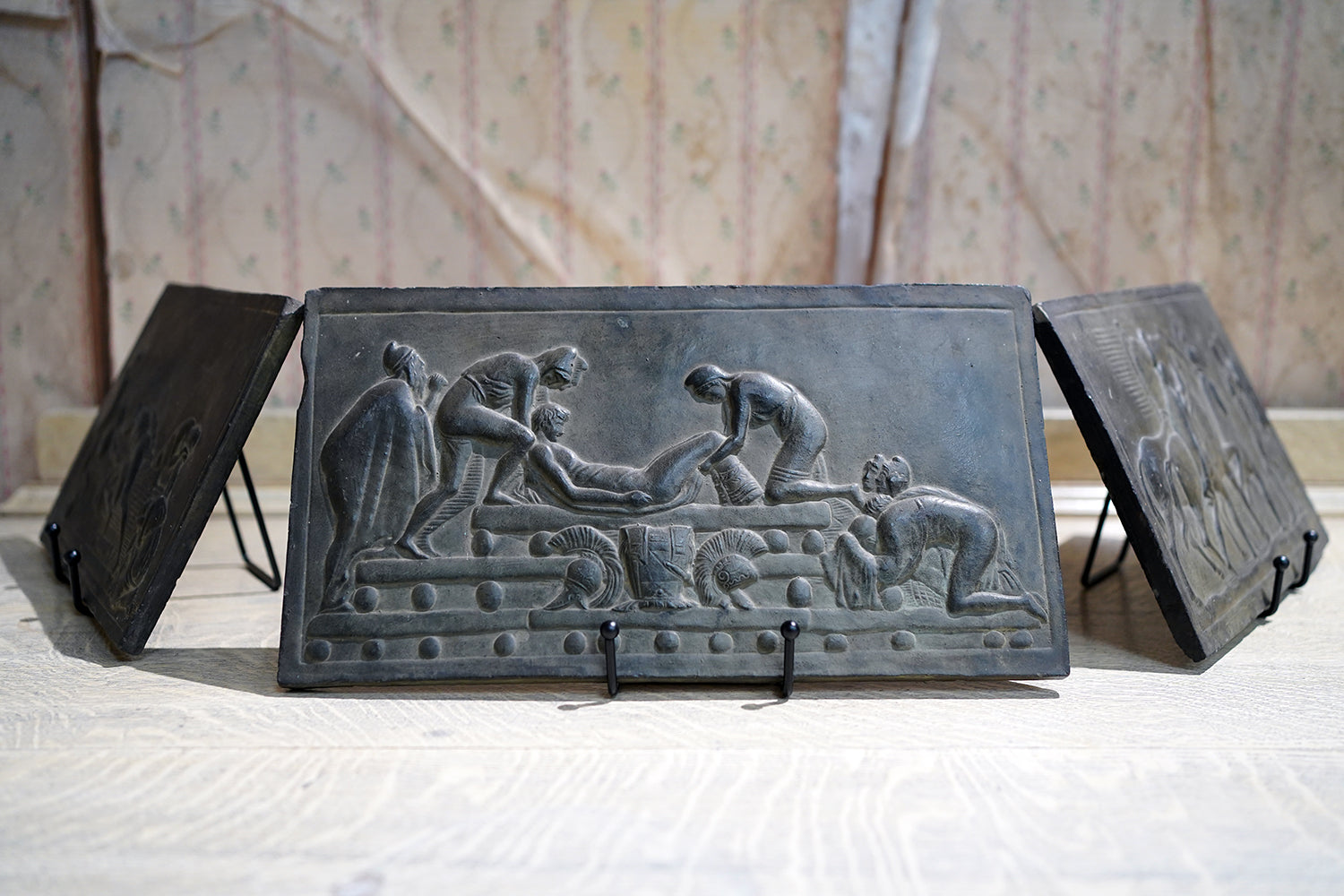 A Decorative Trio of Early 20thC Graduating Slate Plaques Depicting Classical Greek Scenes