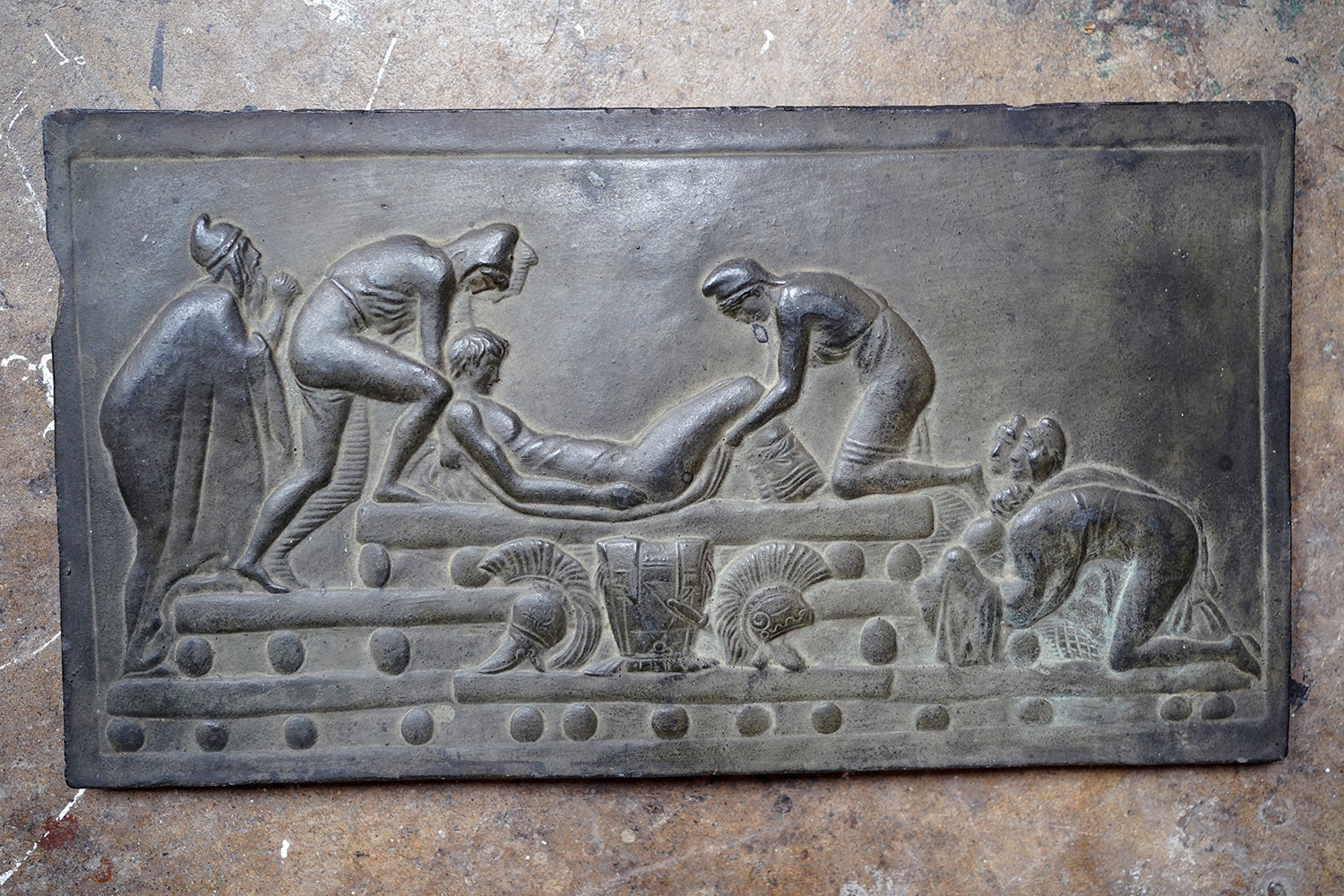 A Decorative Trio of Early 20thC Graduating Slate Plaques Depicting Classical Greek Scenes