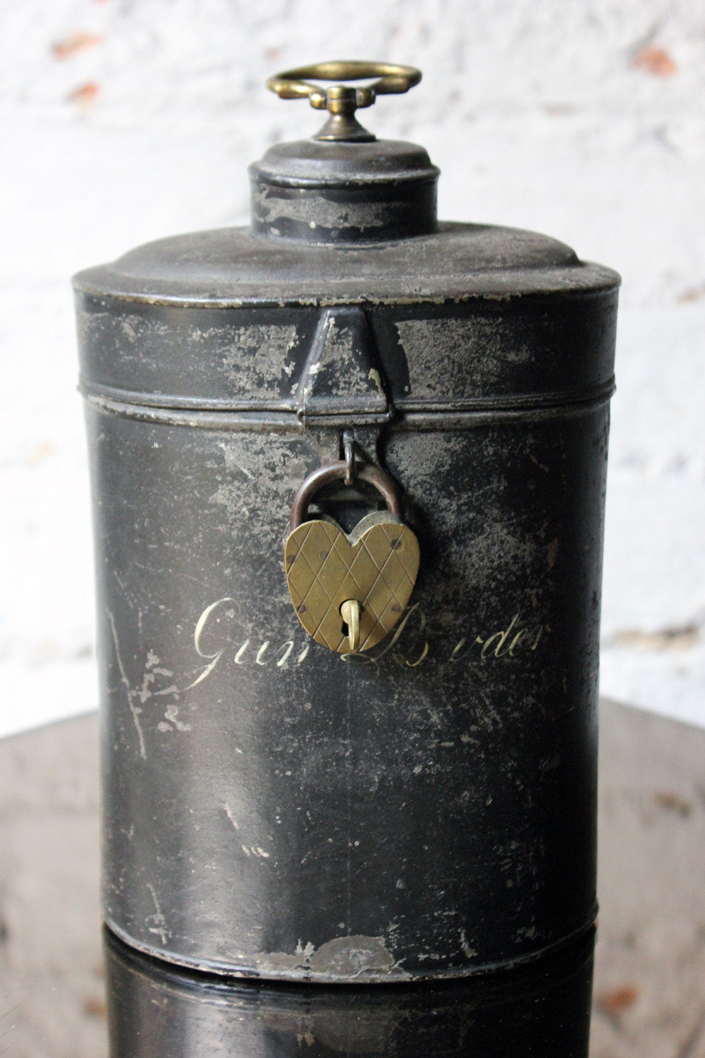 A Delightful Black Japanned Toleware Container; 'Gunpowder' c.1890