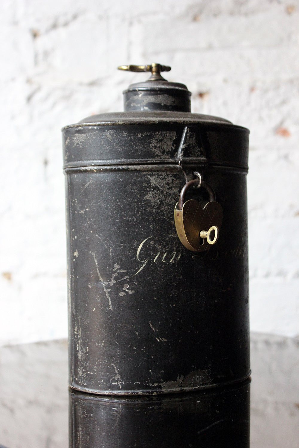 A Delightful Black Japanned Toleware Container; 'Gunpowder' c.1890