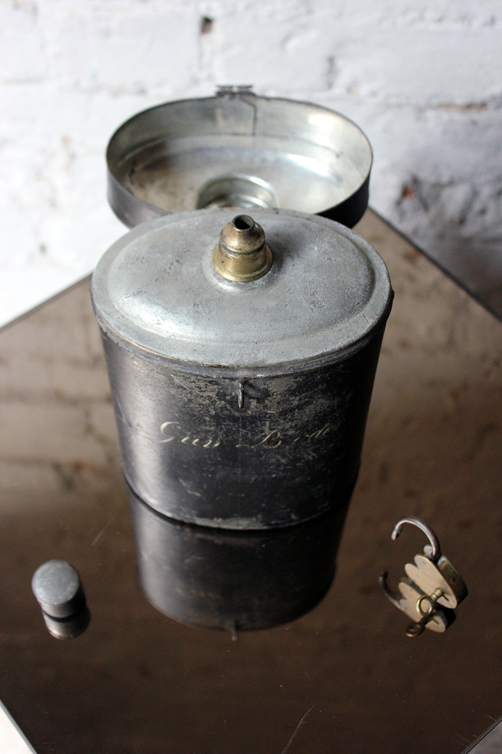 A Delightful Black Japanned Toleware Container; 'Gunpowder' c.1890