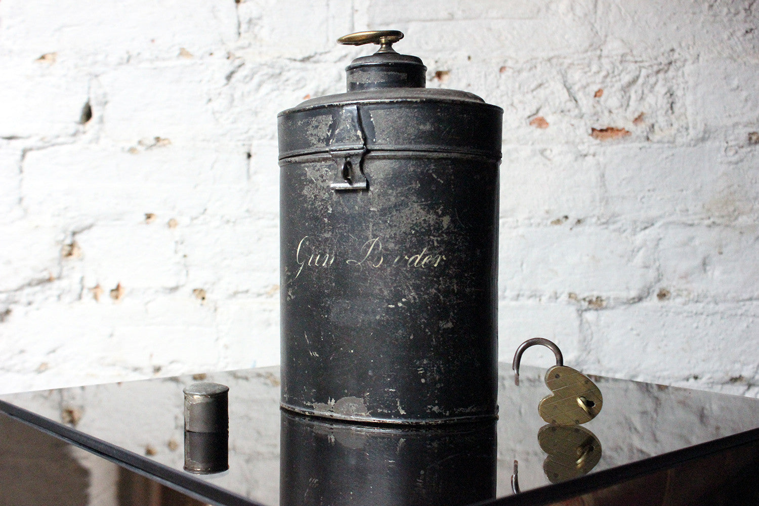A Delightful Black Japanned Toleware Container; 'Gunpowder' c.1890