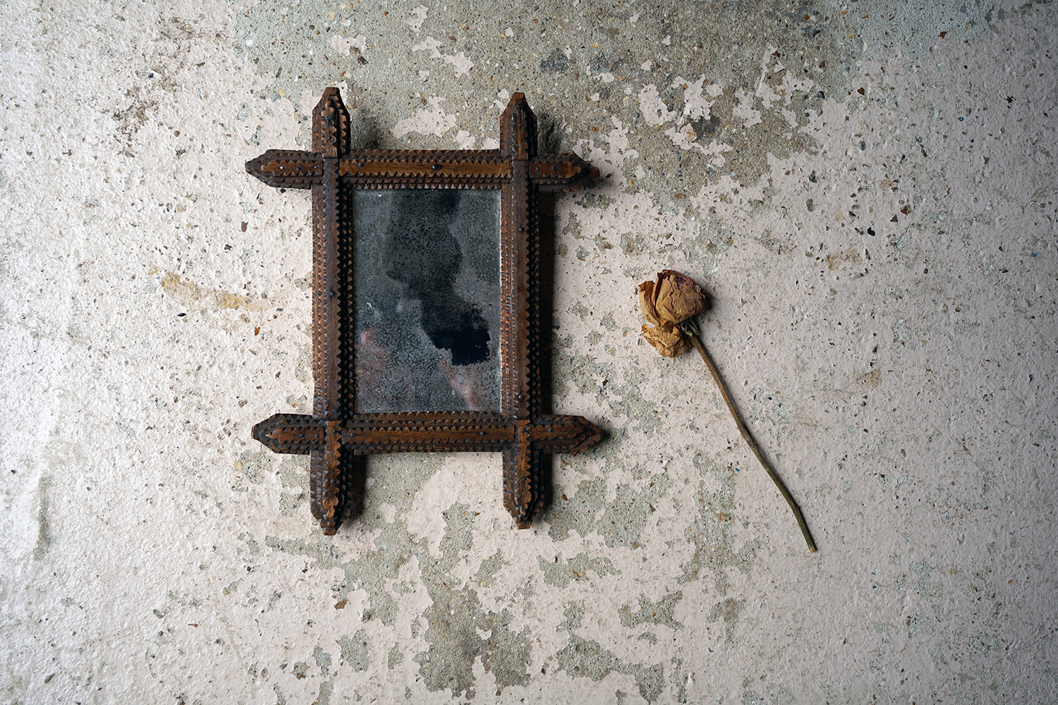 A c.1900 Stained Pine Tramp Art Wall Mirror