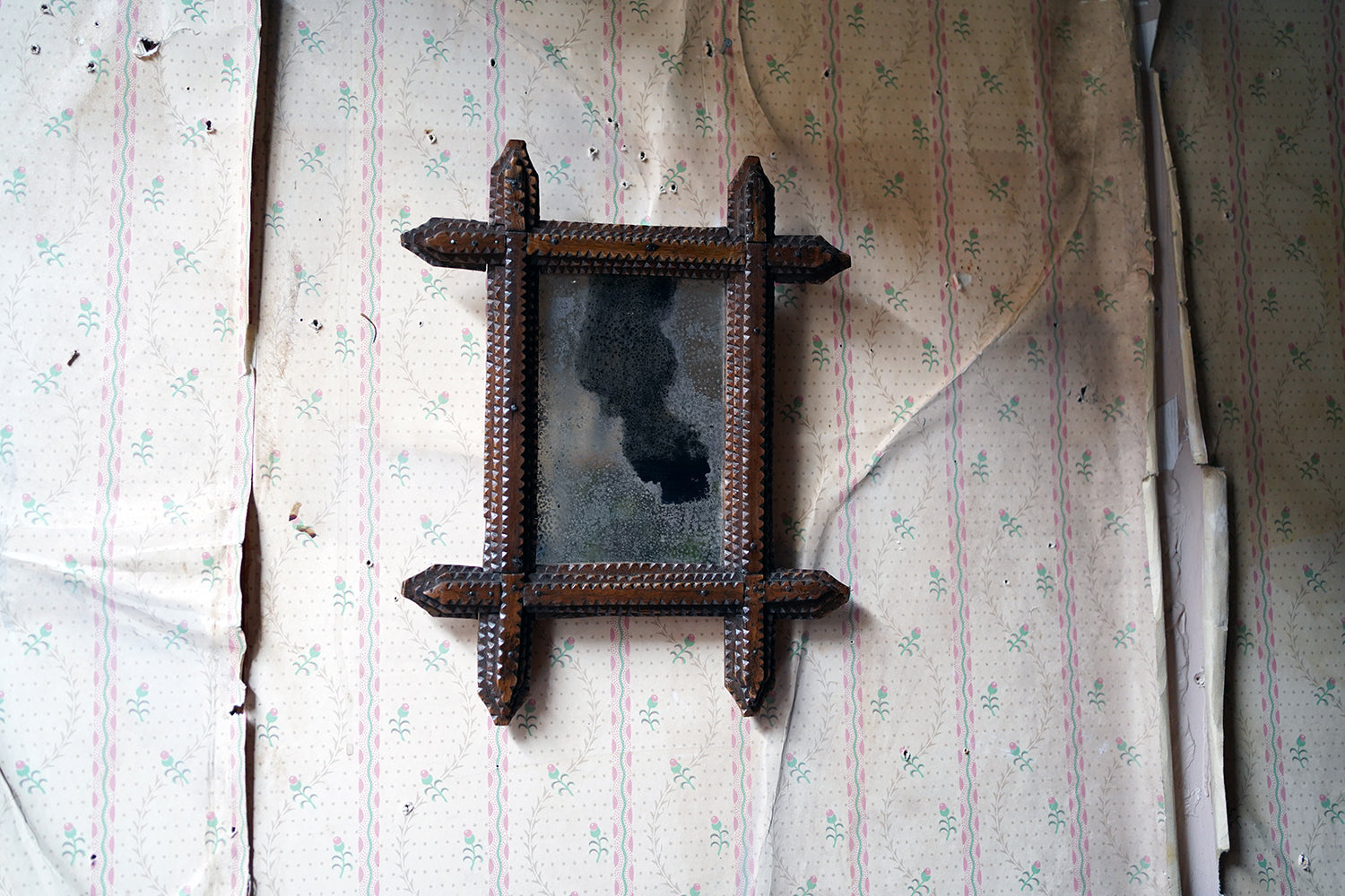 A c.1900 Stained Pine Tramp Art Wall Mirror