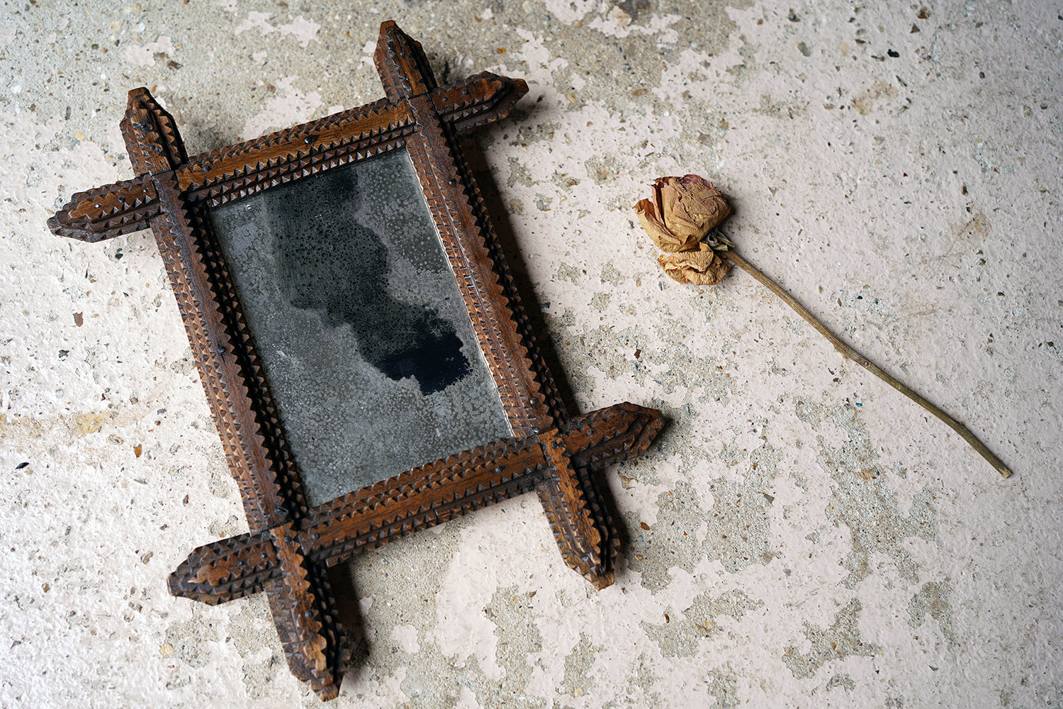 A c.1900 Stained Pine Tramp Art Wall Mirror