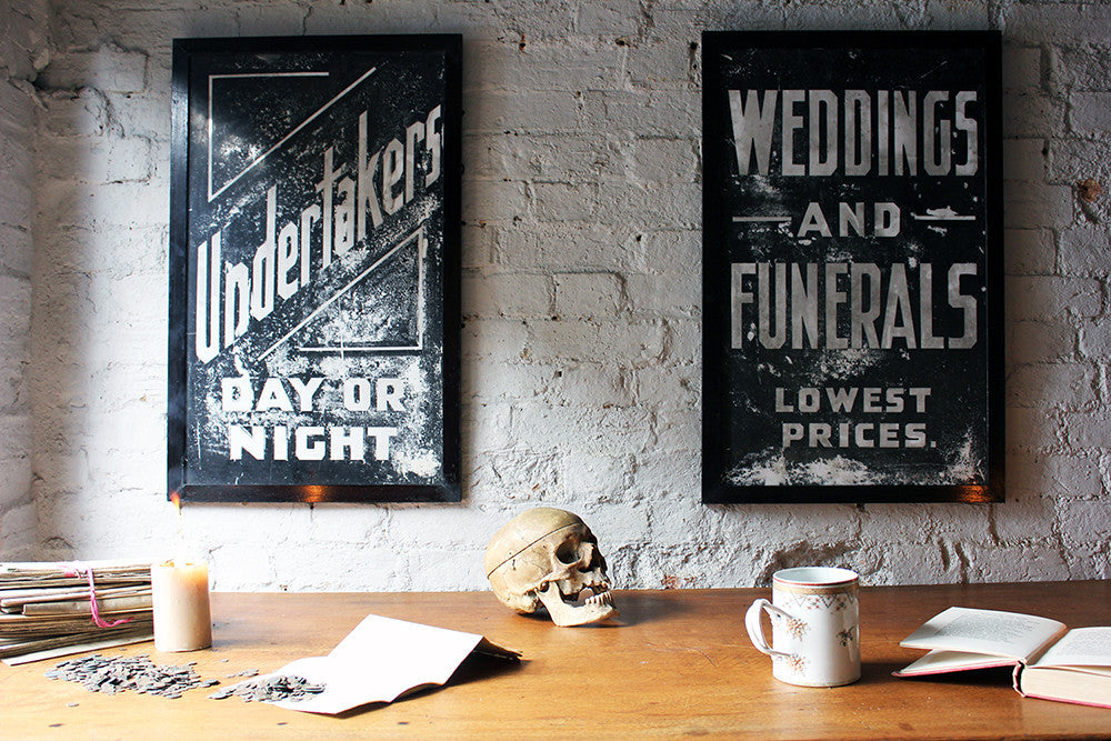 A Fabulous Pair of Opal Glass Painted Undertaker Premises Signs c.1935-45