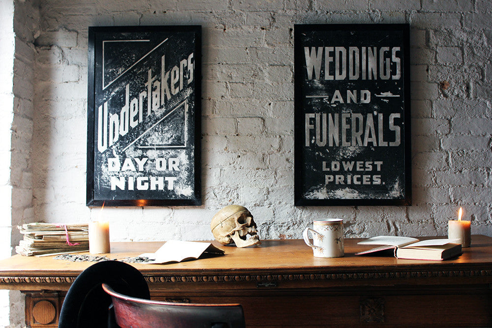 A Fabulous Pair of Opal Glass Painted Undertaker Premises Signs c.1935-45