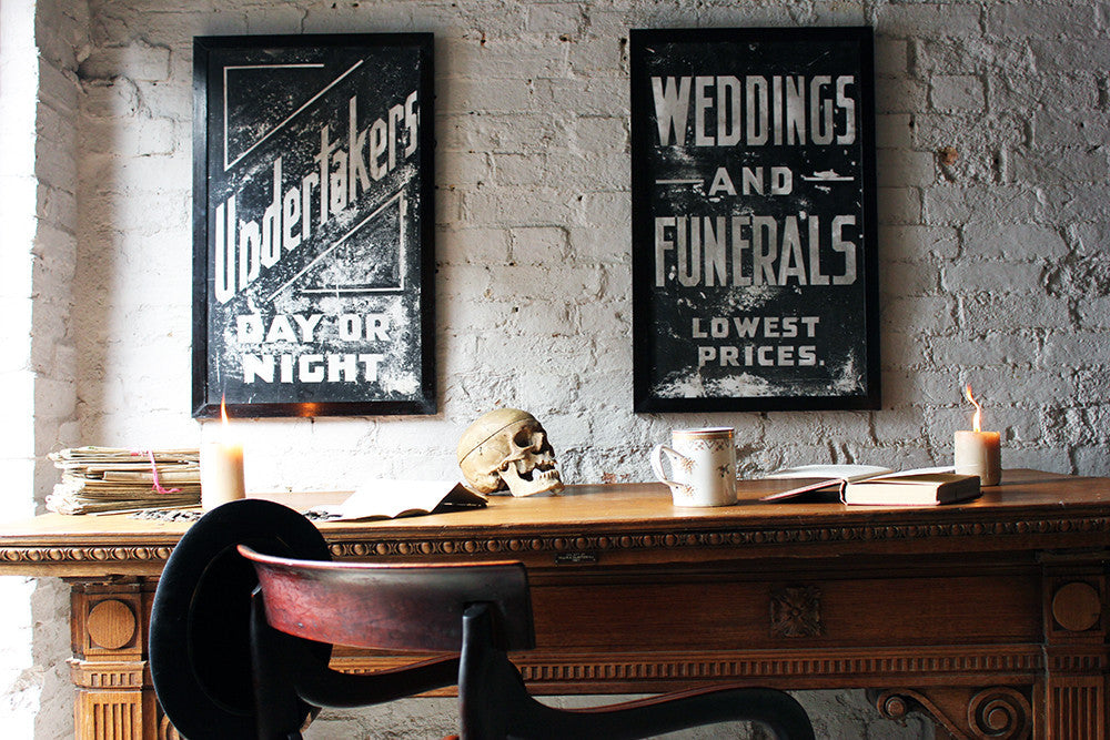 A Fabulous Pair of Opal Glass Painted Undertaker Premises Signs c.1935-45