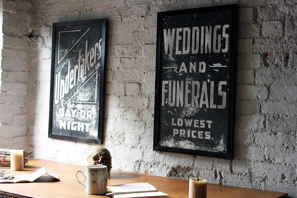 A Fabulous Pair of Opal Glass Painted Undertaker Premises Signs c.1935-45