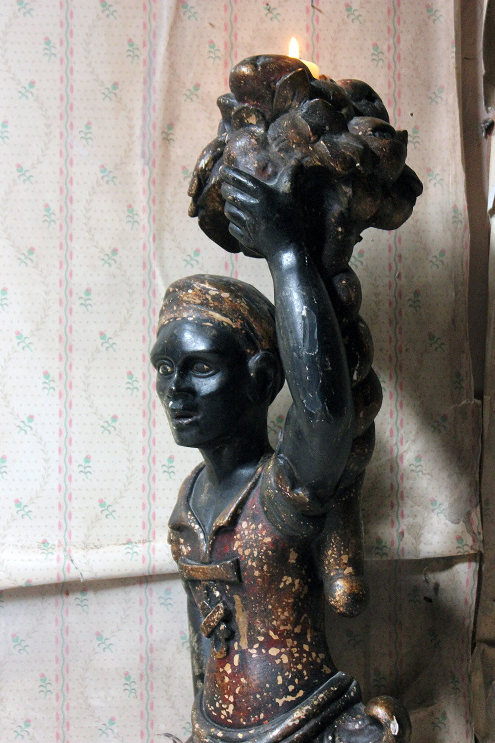 A 19thC Carved & Polychrome Painted Venetian Blackamoor Wall Torchère