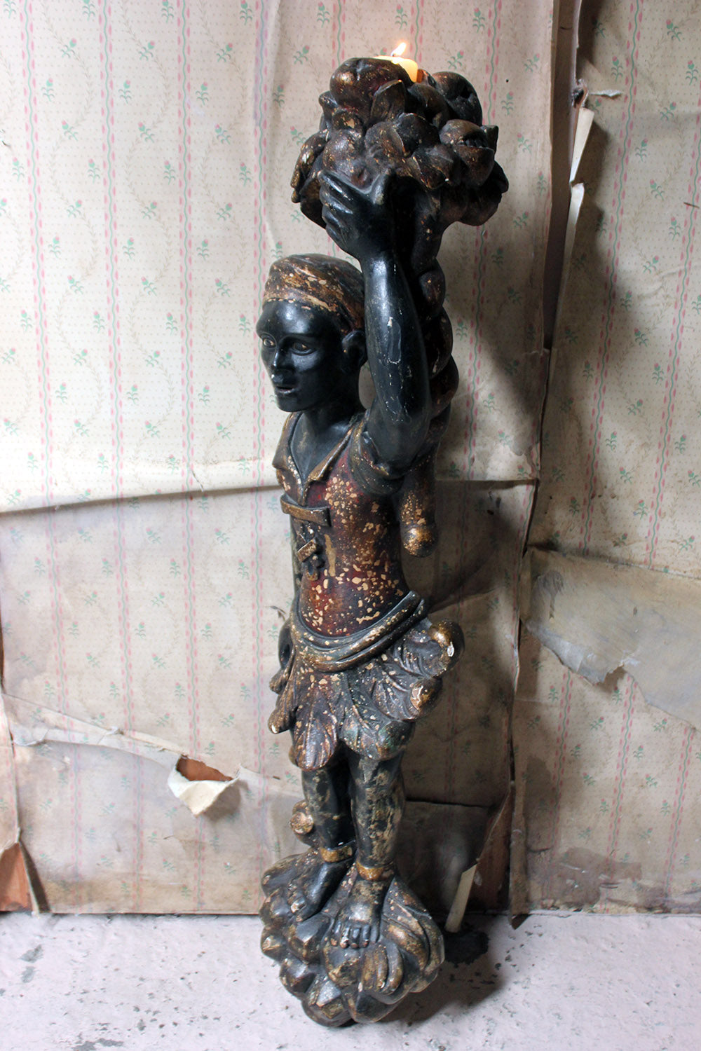 A 19thC Carved & Polychrome Painted Venetian Blackamoor Wall Torchère