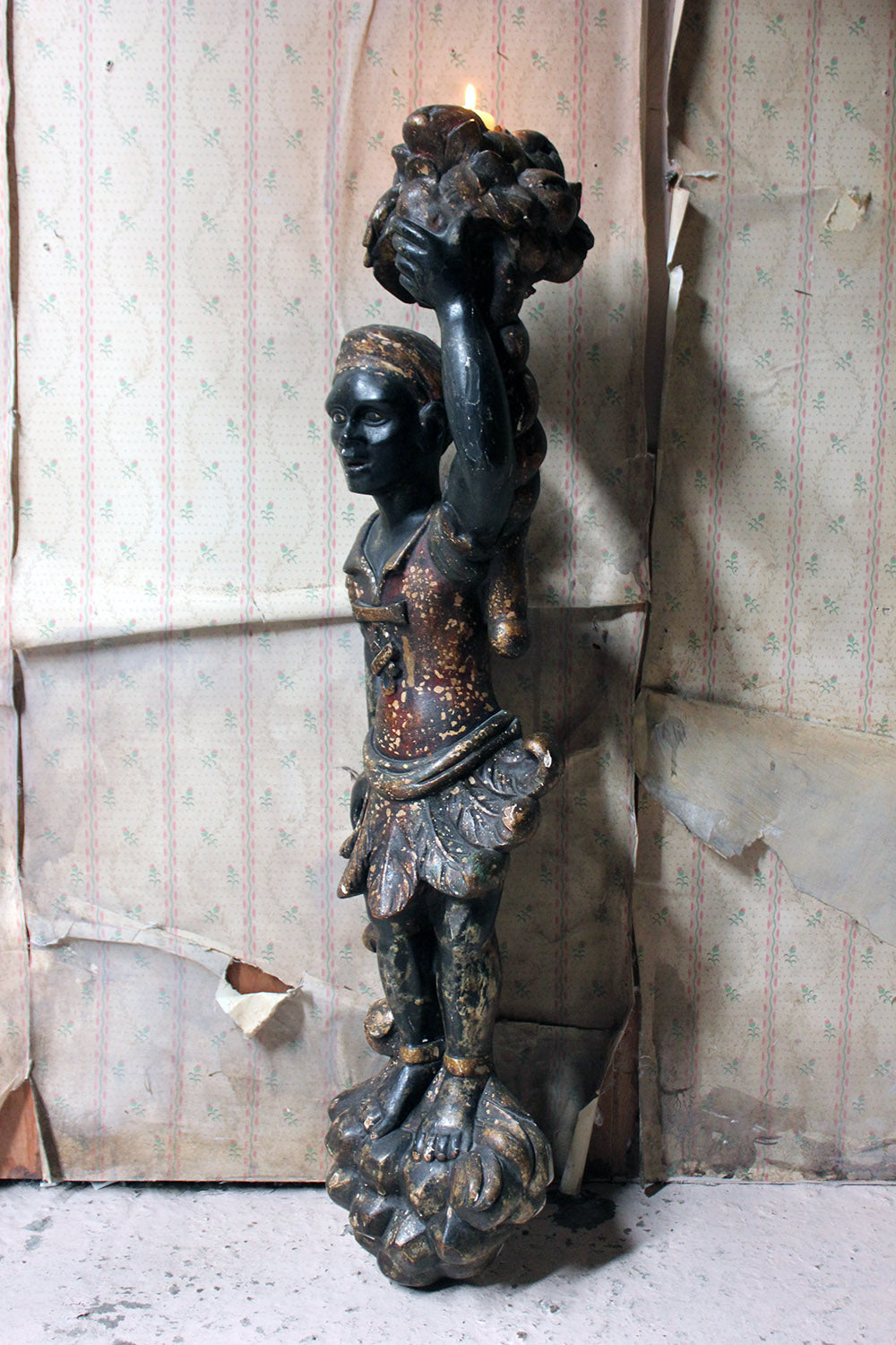 A 19thC Carved & Polychrome Painted Venetian Blackamoor Wall Torchère