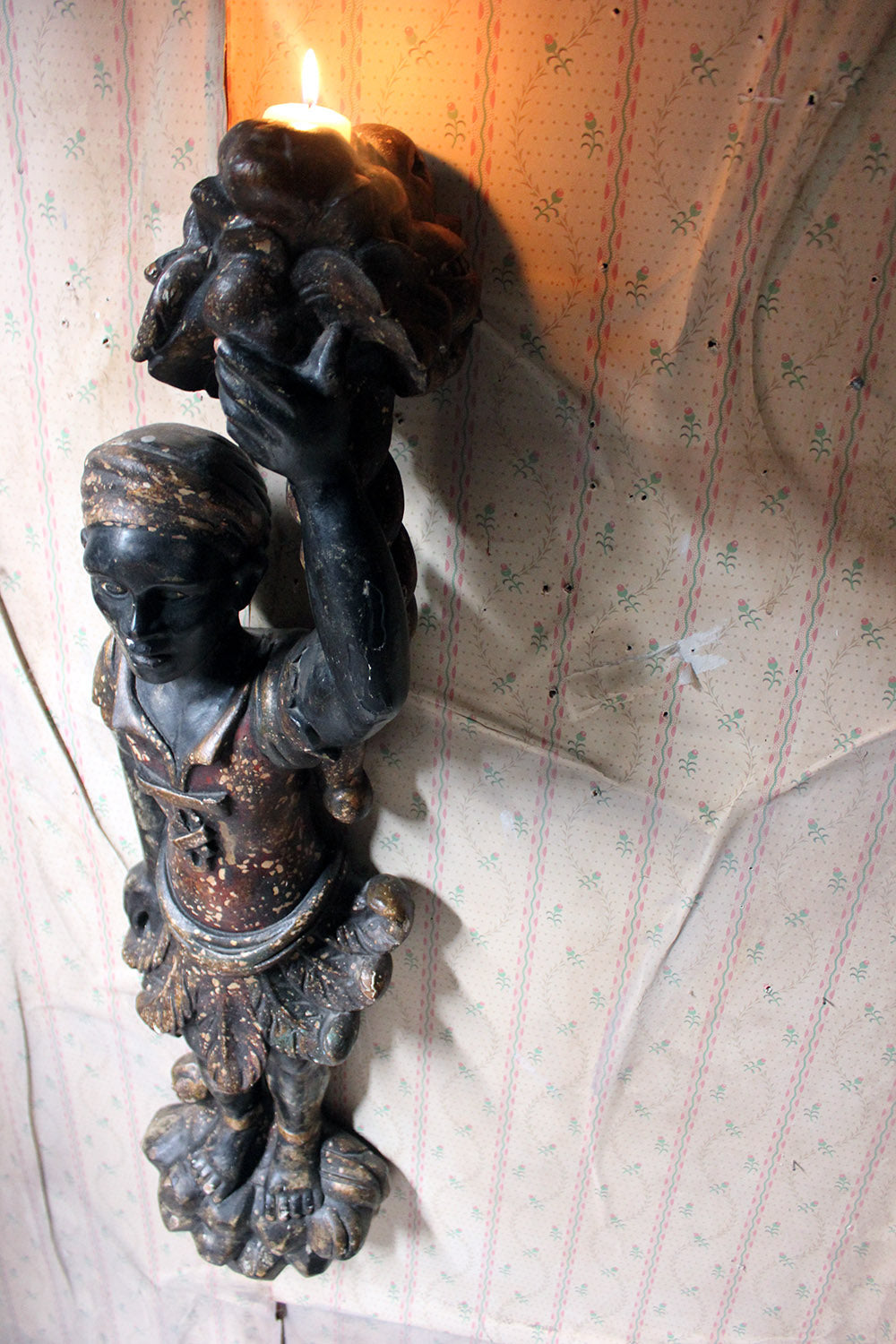 A 19thC Carved & Polychrome Painted Venetian Blackamoor Wall Torchère