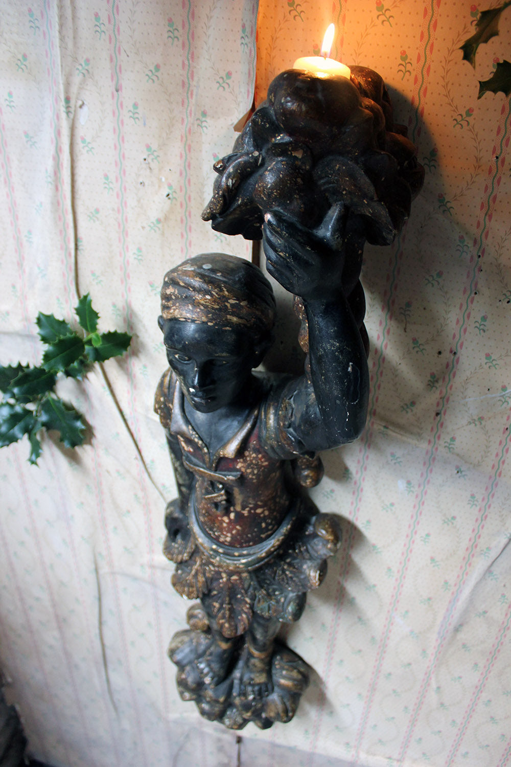 A 19thC Carved & Polychrome Painted Venetian Blackamoor Wall Torchère