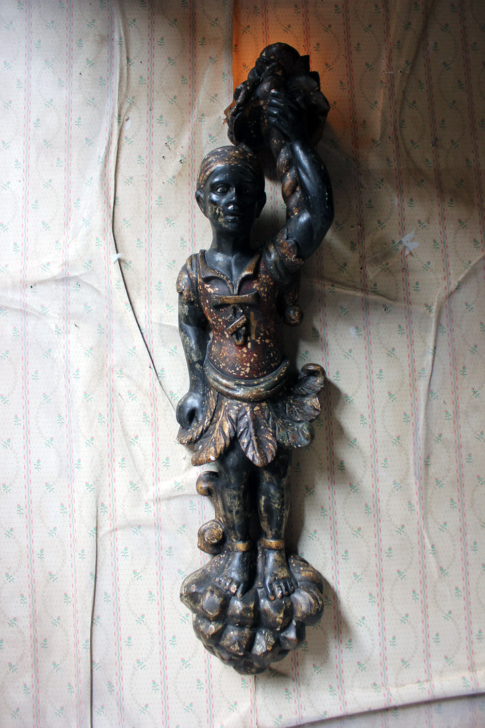 A 19thC Carved & Polychrome Painted Venetian Blackamoor Wall Torchère
