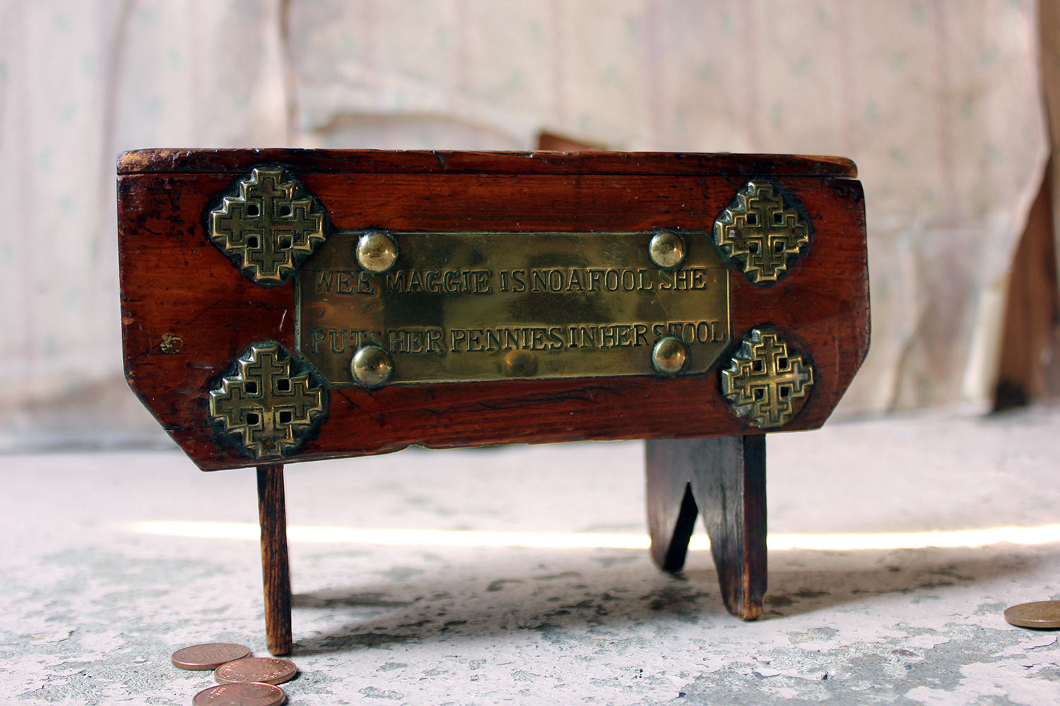 A Folk Art Pine Money Box; “Wee Maggie is no a fool, she puts her money in her stool” c.1900-10
