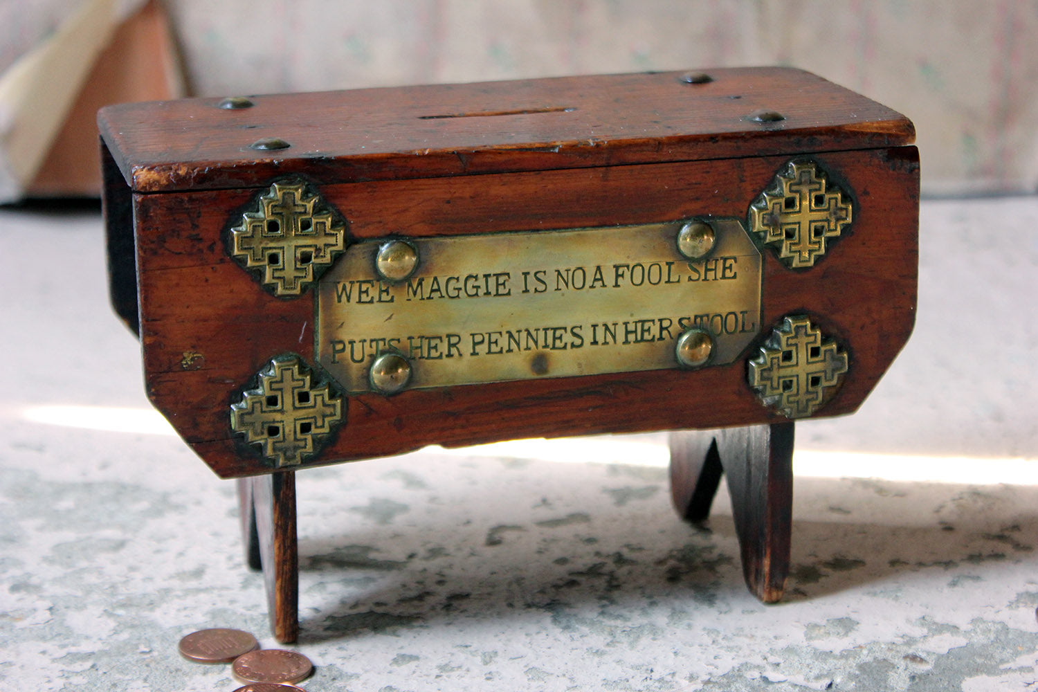 A Folk Art Pine Money Box; “Wee Maggie is no a fool, she puts her money in her stool” c.1900-10