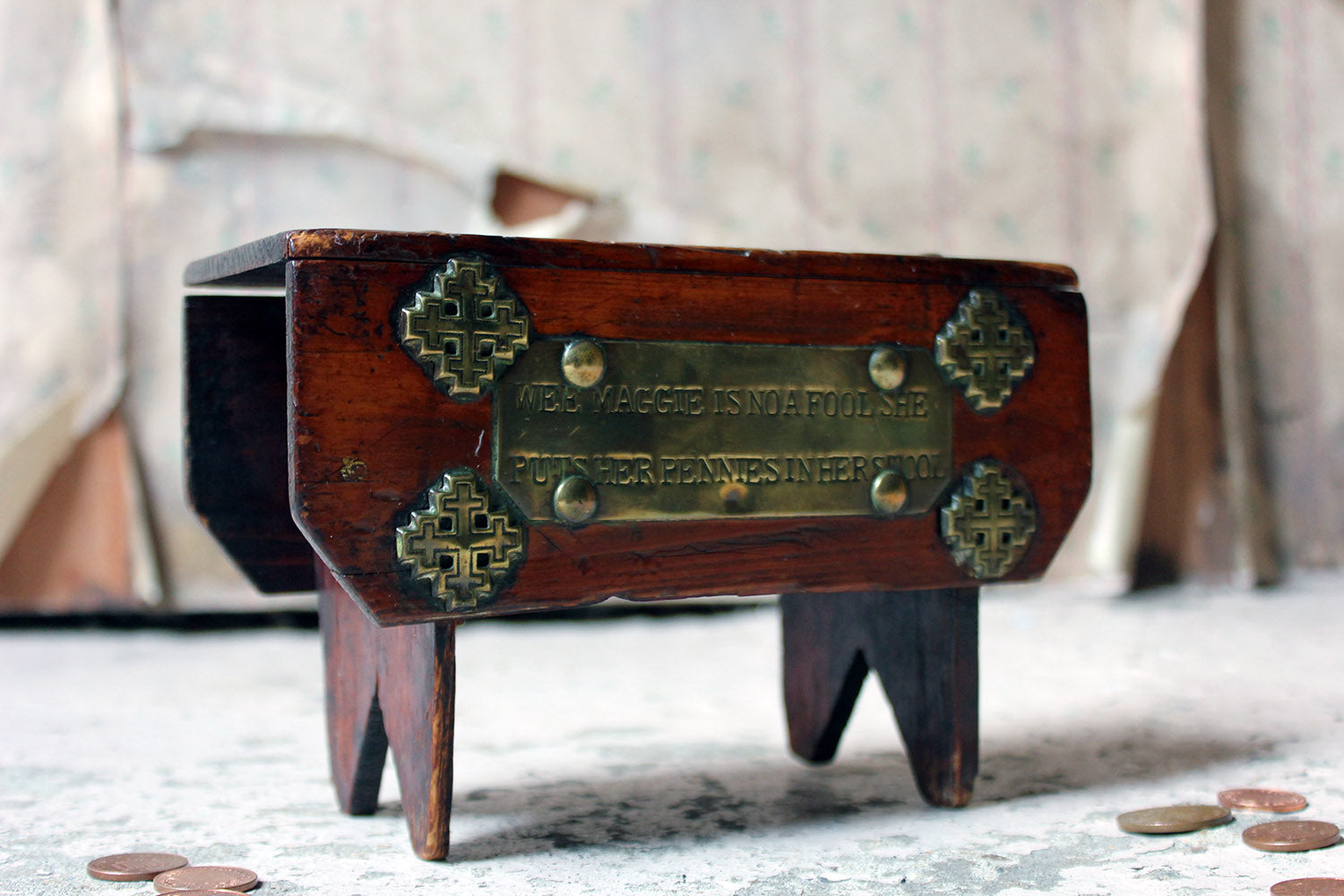 A Folk Art Pine Money Box; “Wee Maggie is no a fool, she puts her money in her stool” c.1900-10