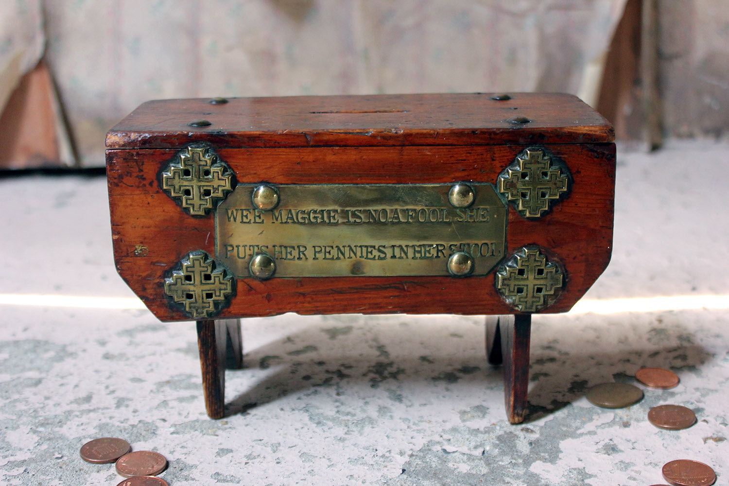 A Folk Art Pine Money Box; “Wee Maggie is no a fool, she puts her money in her stool” c.1900-10