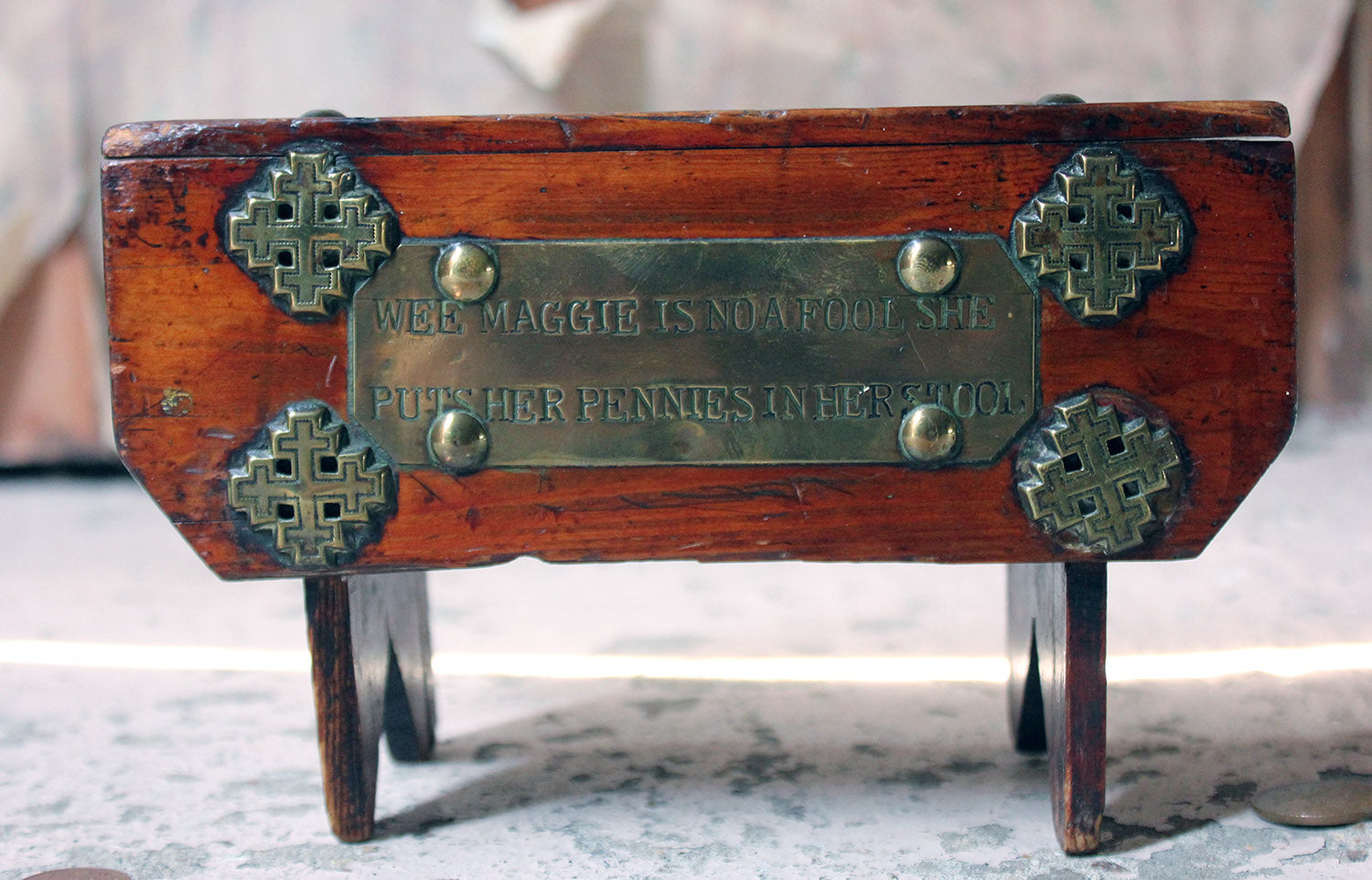 A Folk Art Pine Money Box; “Wee Maggie is no a fool, she puts her money in her stool” c.1900-10