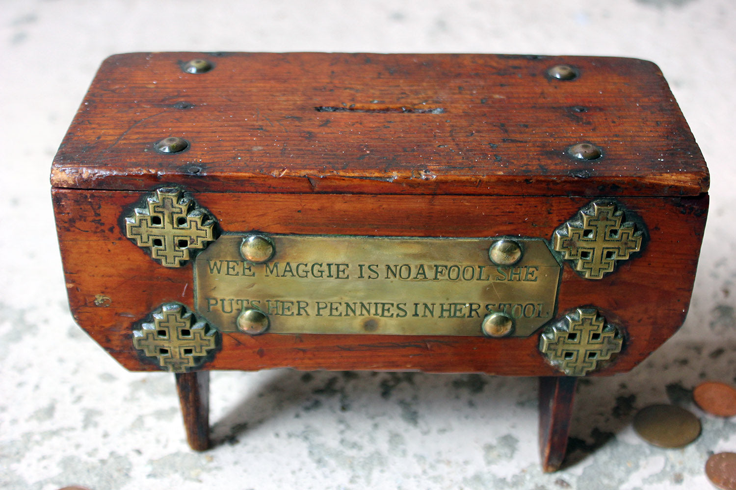 A Folk Art Pine Money Box; “Wee Maggie is no a fool, she puts her money in her stool” c.1900-10