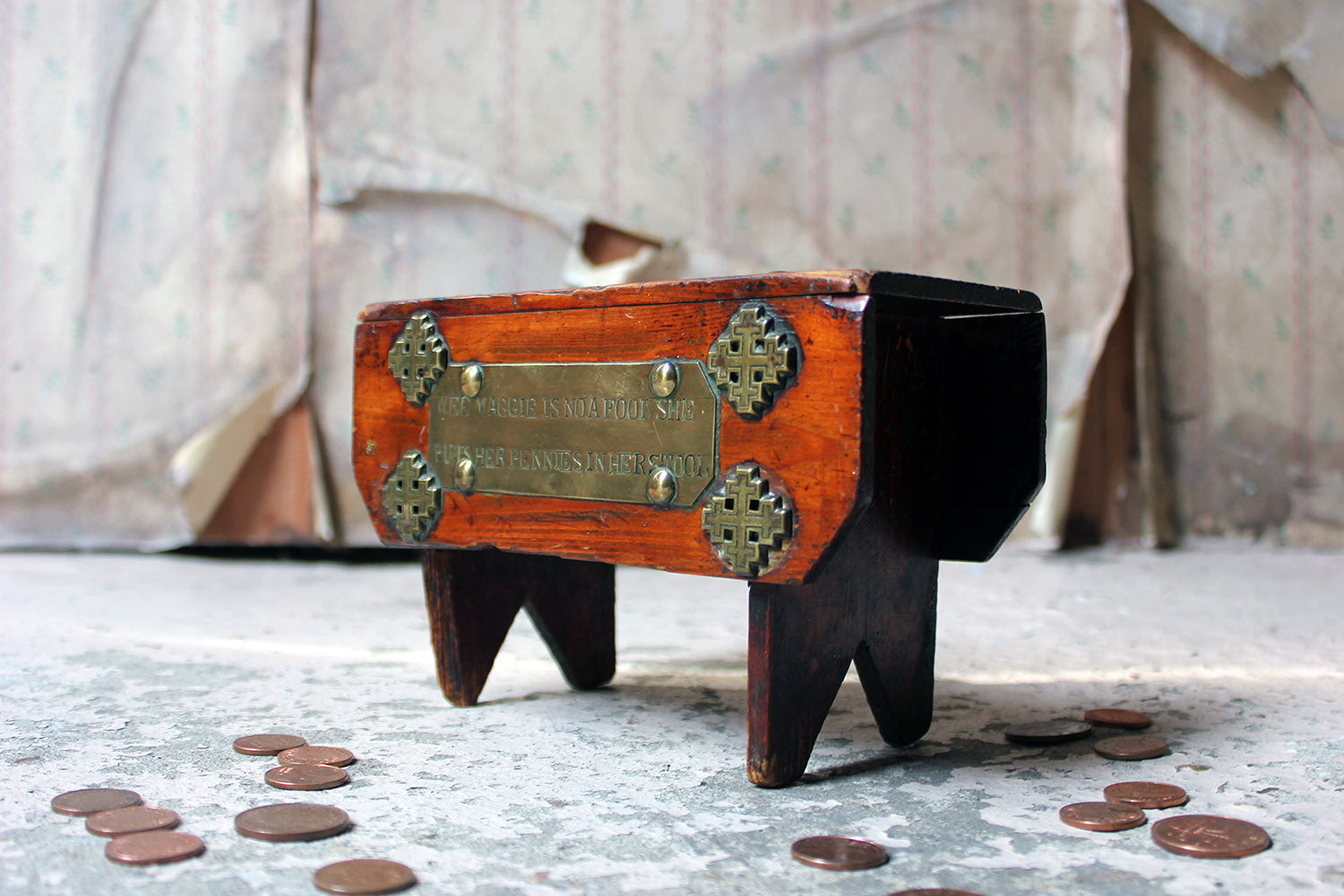 A Folk Art Pine Money Box; “Wee Maggie is no a fool, she puts her money in her stool” c.1900-10