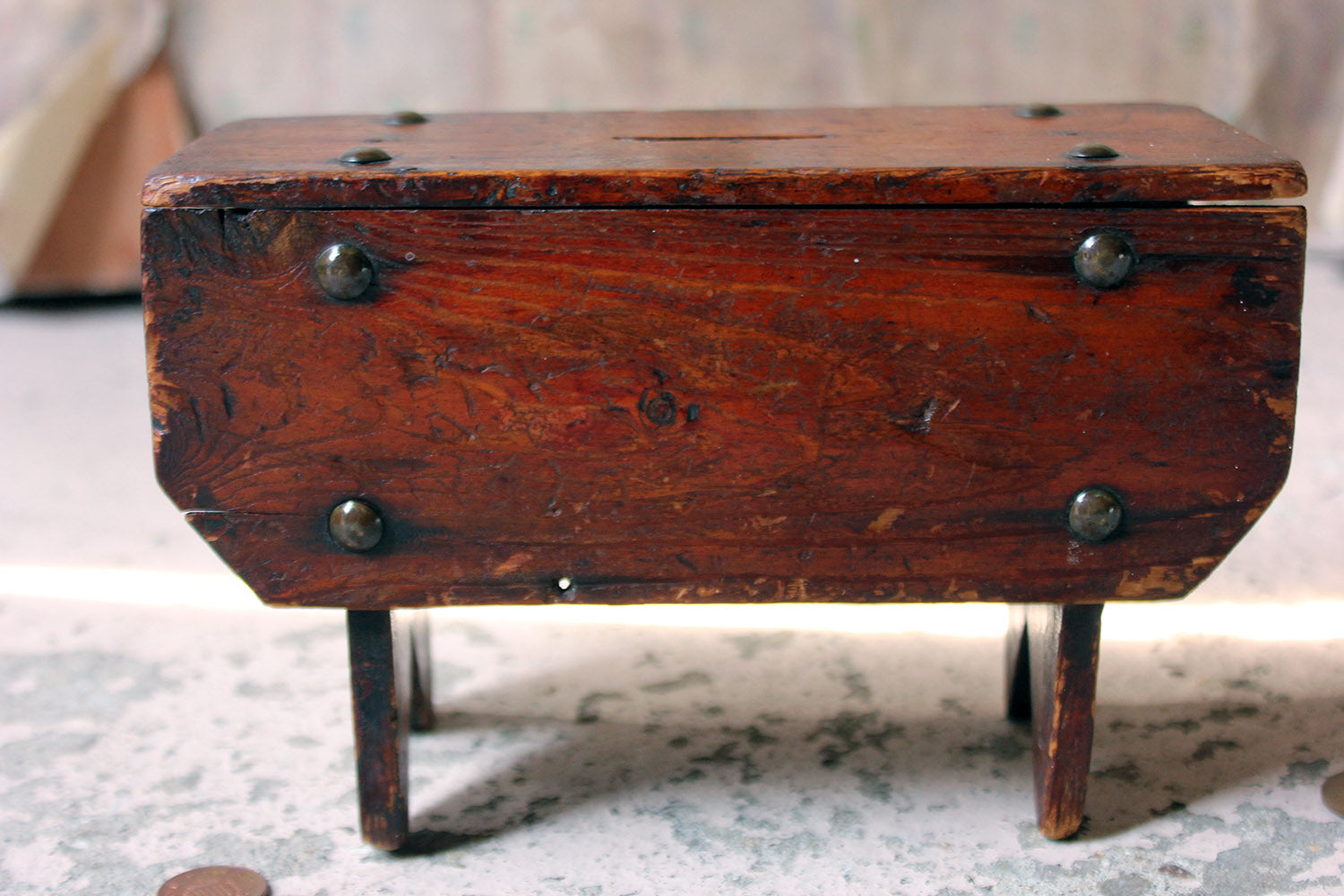 A Folk Art Pine Money Box; “Wee Maggie is no a fool, she puts her money in her stool” c.1900-10