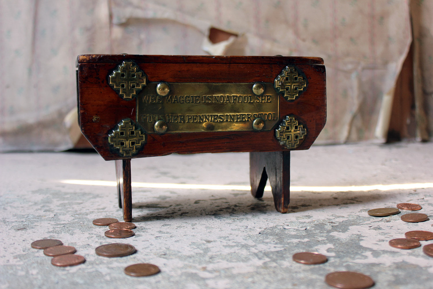 A Folk Art Pine Money Box; “Wee Maggie is no a fool, she puts her money in her stool” c.1900-10