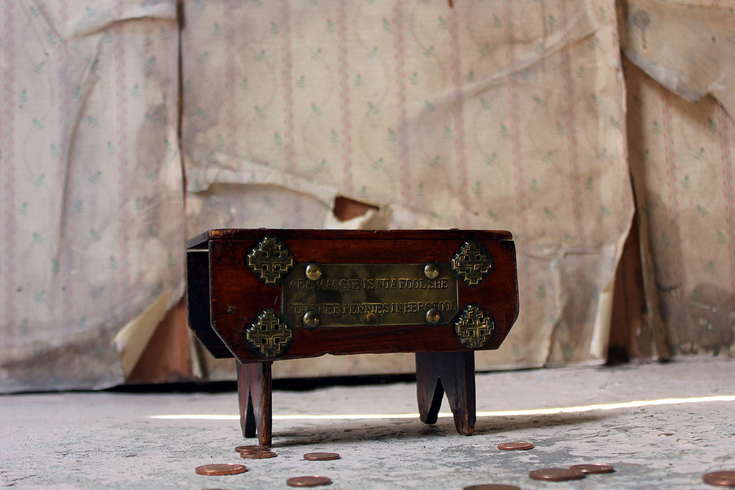 A Folk Art Pine Money Box; “Wee Maggie is no a fool, she puts her money in her stool” c.1900-10
