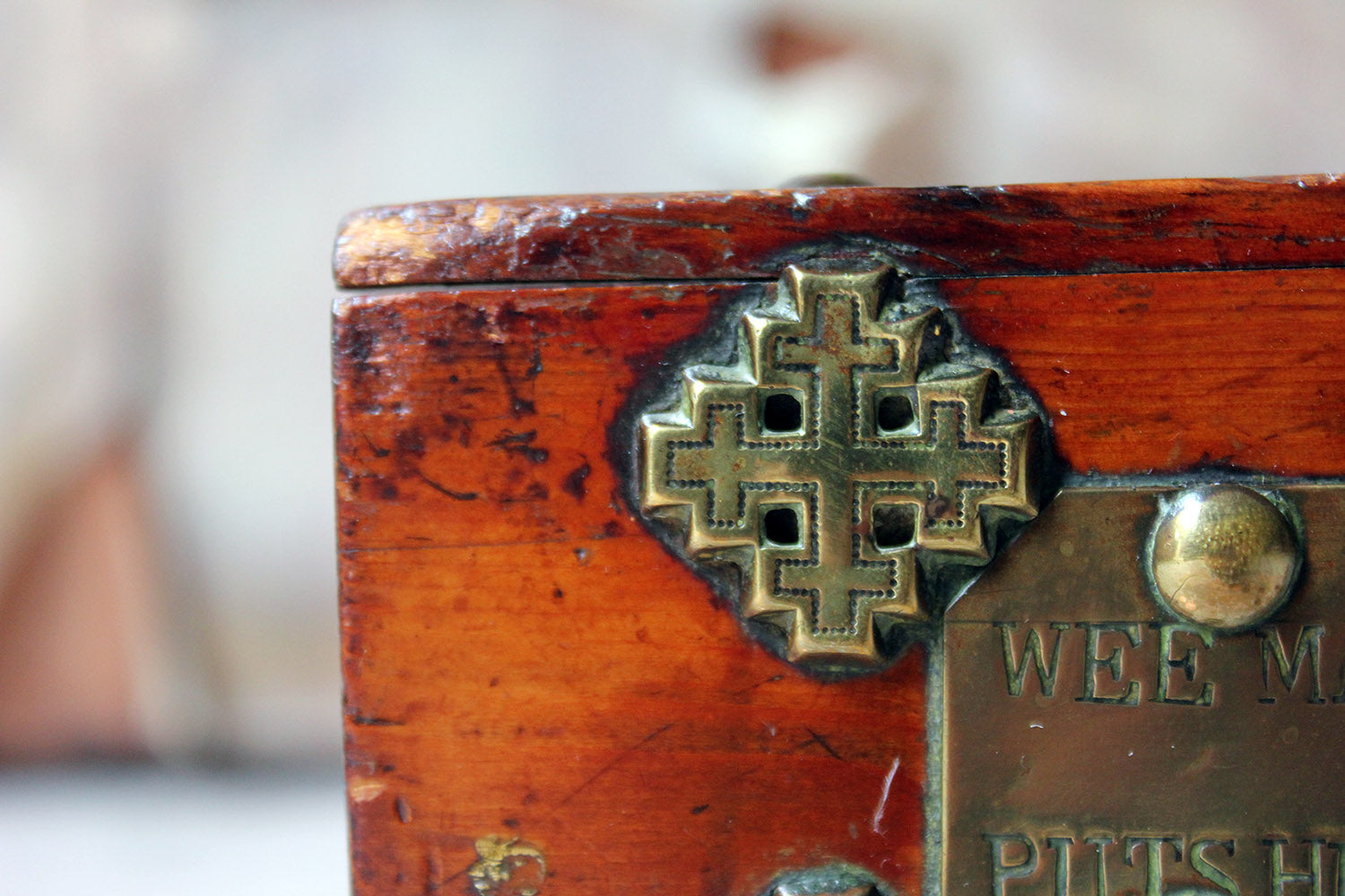 A Folk Art Pine Money Box; “Wee Maggie is no a fool, she puts her money in her stool” c.1900-10