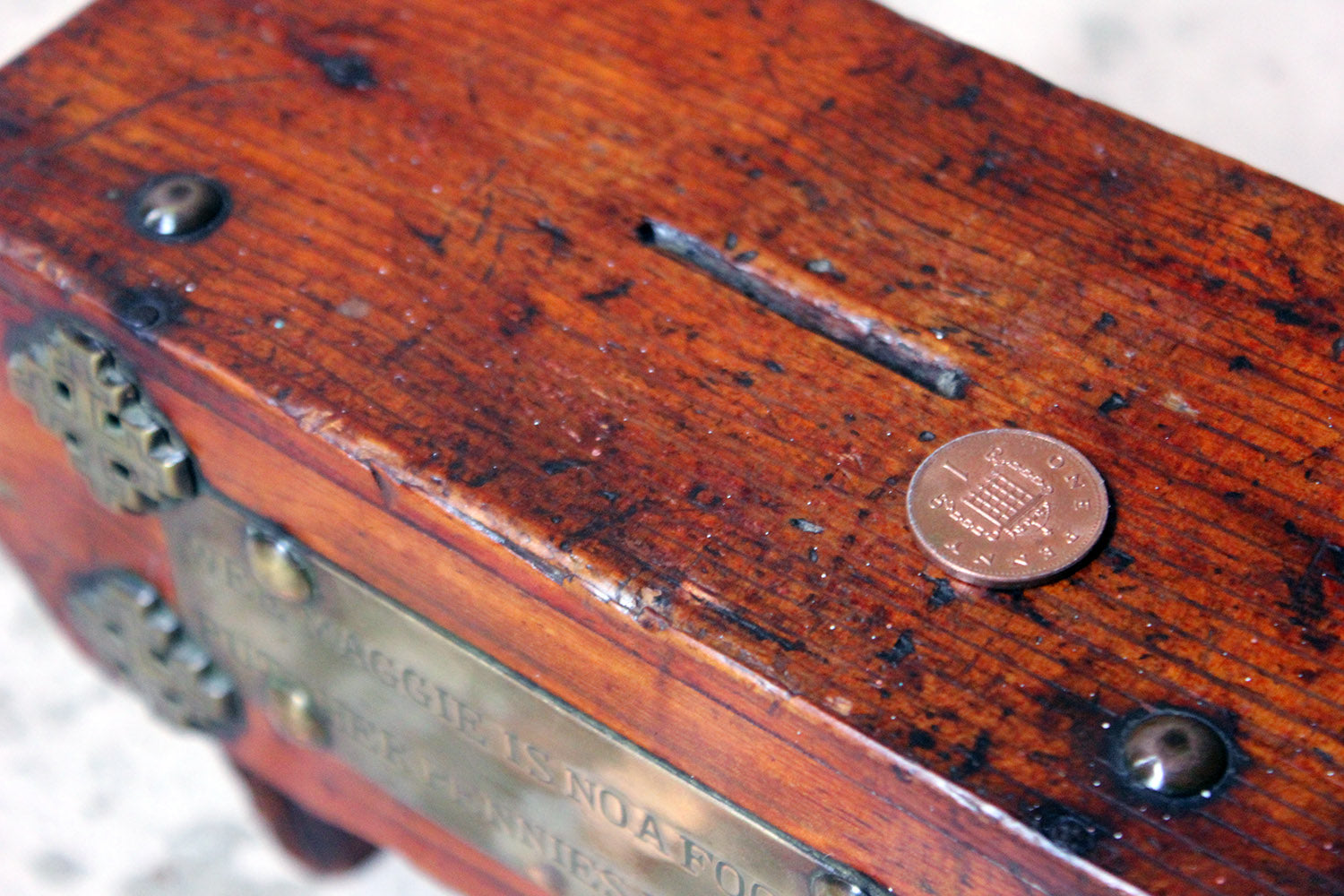 A Folk Art Pine Money Box; “Wee Maggie is no a fool, she puts her money in her stool” c.1900-10