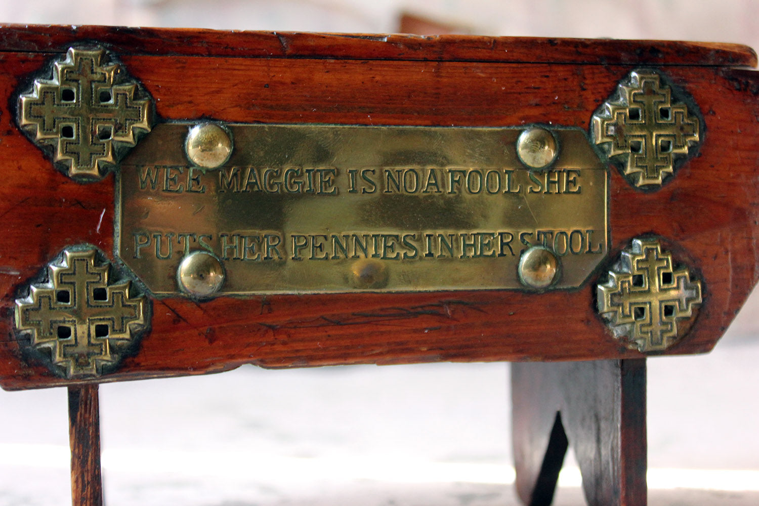 A Folk Art Pine Money Box; “Wee Maggie is no a fool, she puts her money in her stool” c.1900-10
