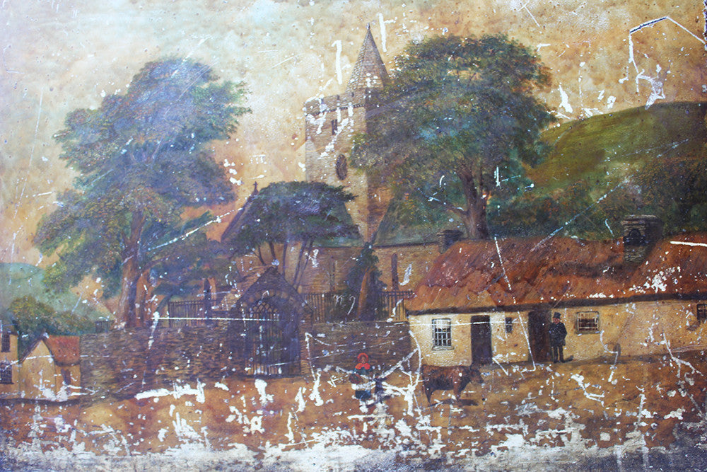 A Charming c.1860 Welsh Naive School Oil on Slate of a Village Scene