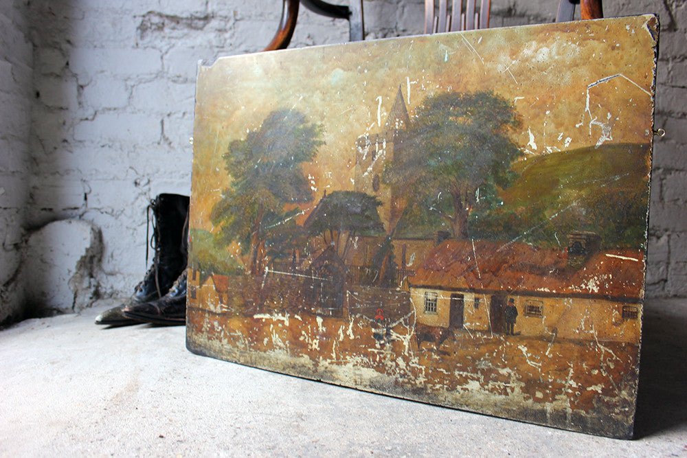 A Charming c.1860 Welsh Naive School Oil on Slate of a Village Scene