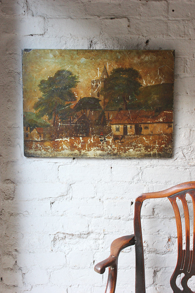 A Charming c.1860 Welsh Naive School Oil on Slate of a Village Scene