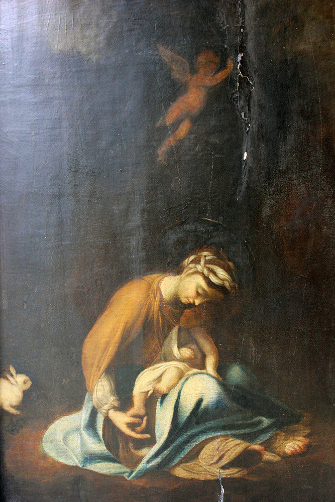 A Good 18thC Oil on Panel after Correggio: The Madonna & Child with White Rabbit; La Zingarella c.1790