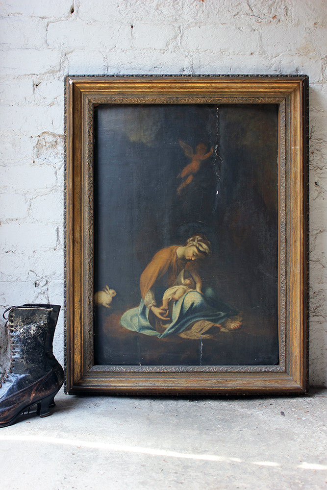 A Good 18thC Oil on Panel after Correggio: The Madonna & Child with White Rabbit; La Zingarella c.1790